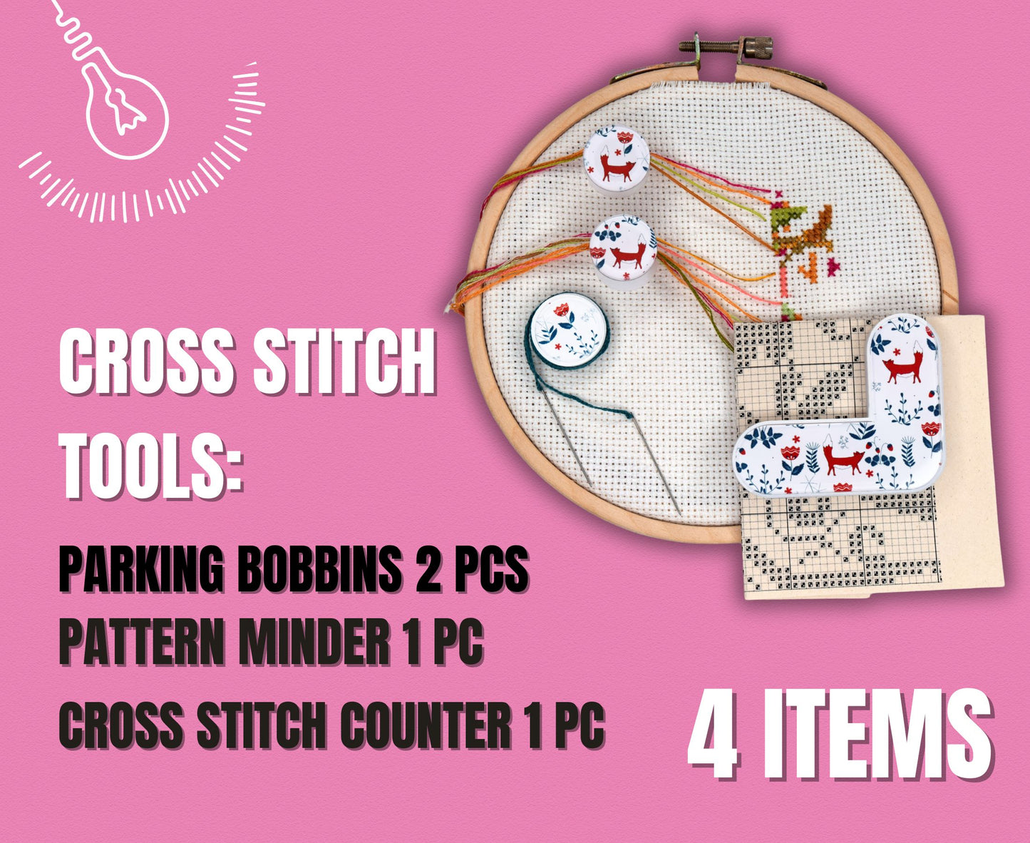 Foxes Accessory set 4 game changers for cross stitch: Pattern marker window - Parking bobbins - Thread hopper Dariamakes