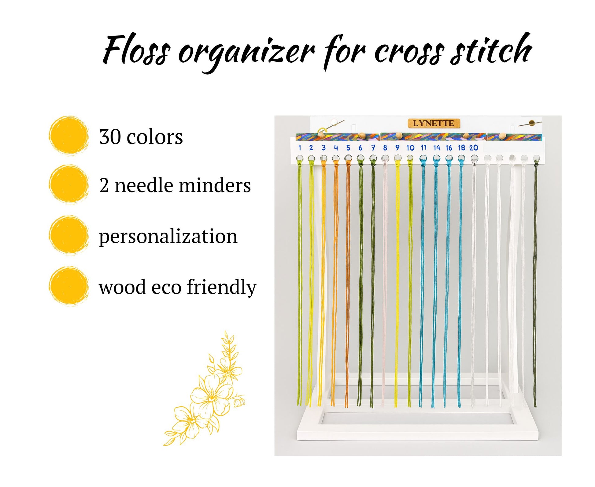 Wooden embroidery floss organizer for cross stitch floss