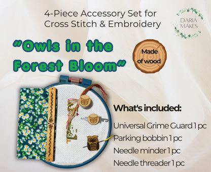 Cross stitch and embroidery accessory set with 'Owls in the Forest Bloom' theme, made of wood.