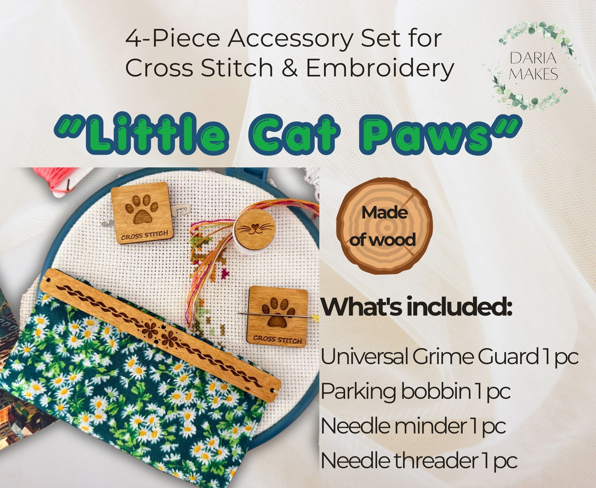 Discover unique cross stitch accessories by Daria Makes, including needle minders, needle threaders, magnetic grime guards, parking bobbins for embroidery and needlework enthusiasts