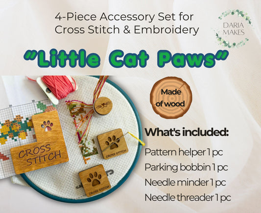 4-piece accessory set for cross stitch and embroidery 'Little Cat Paws' by Daria Makes branding