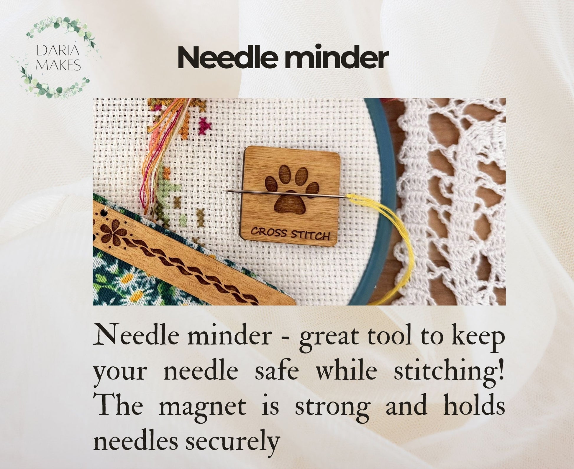 Needle Minder by Daria Makes. Handmade cross stitch accessory designed to keep your needle secure while adding charm to your project