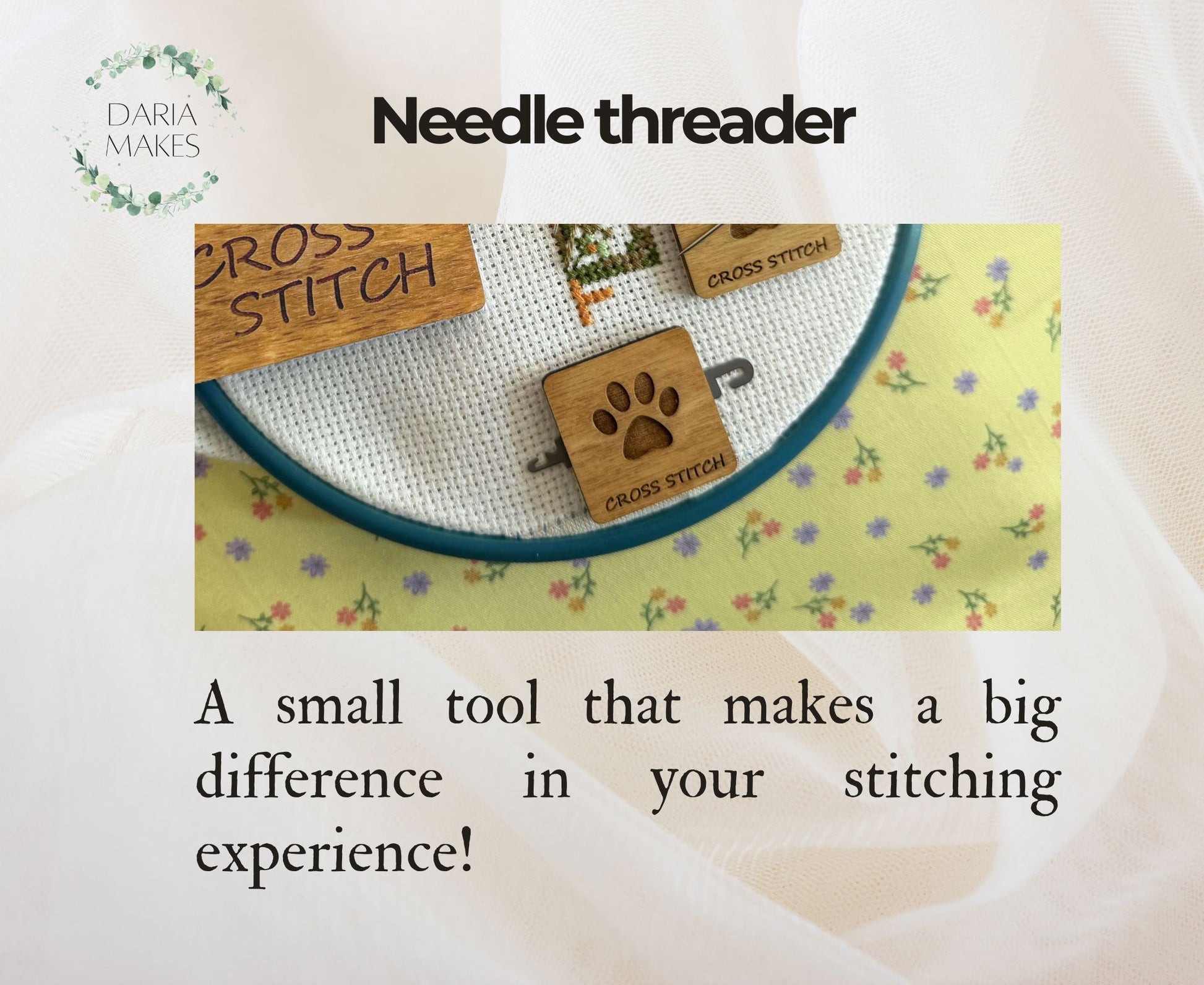 Discover unique cross stitch accessories by Daria Makes, including needle minders, needle threaders, magnetic grime guards, parking bobbins for embroidery and needlework enthusiasts