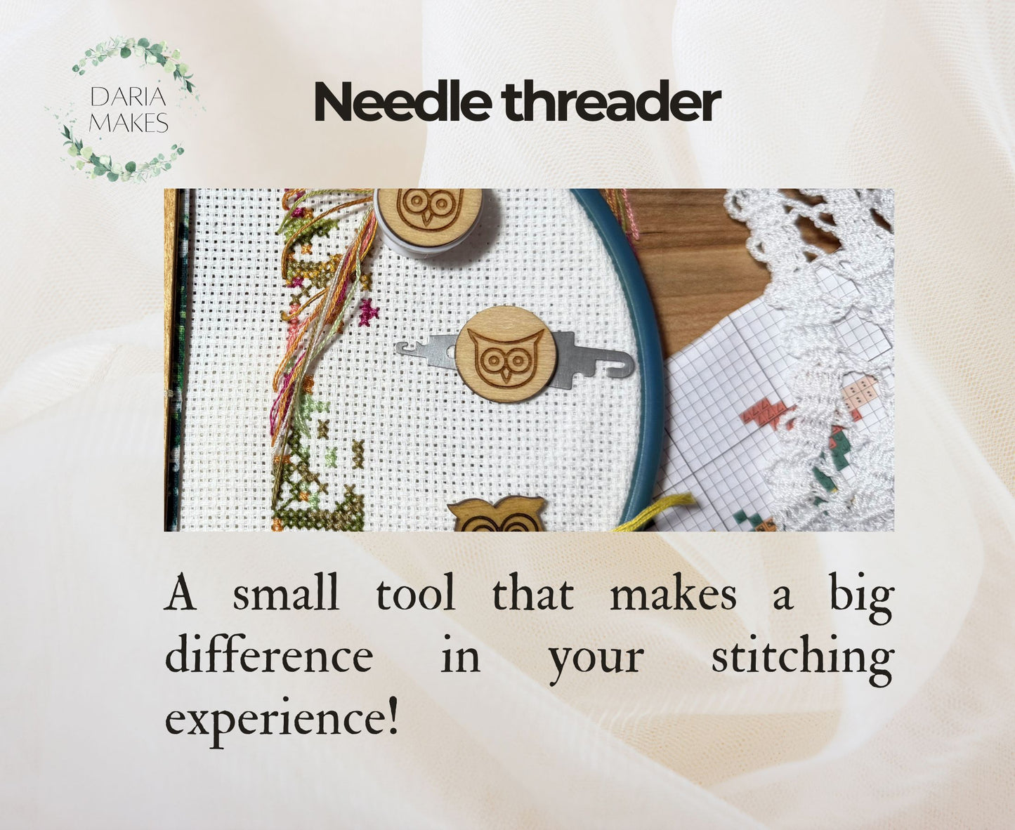Needle threader with cross-stitching materials and text highlighting its importance in stitching.