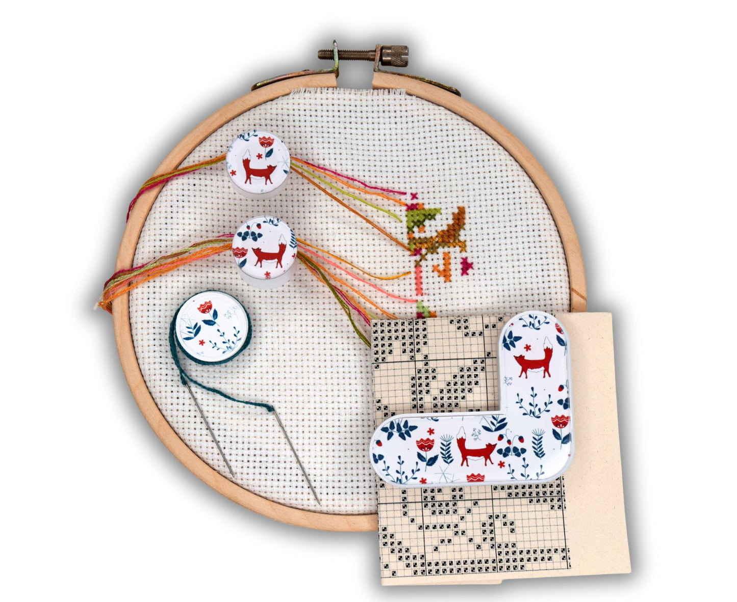 Foxes Accessory set 4 game changers for cross stitch: Pattern marker window - Parking bobbins - Thread hopper Dariamakes