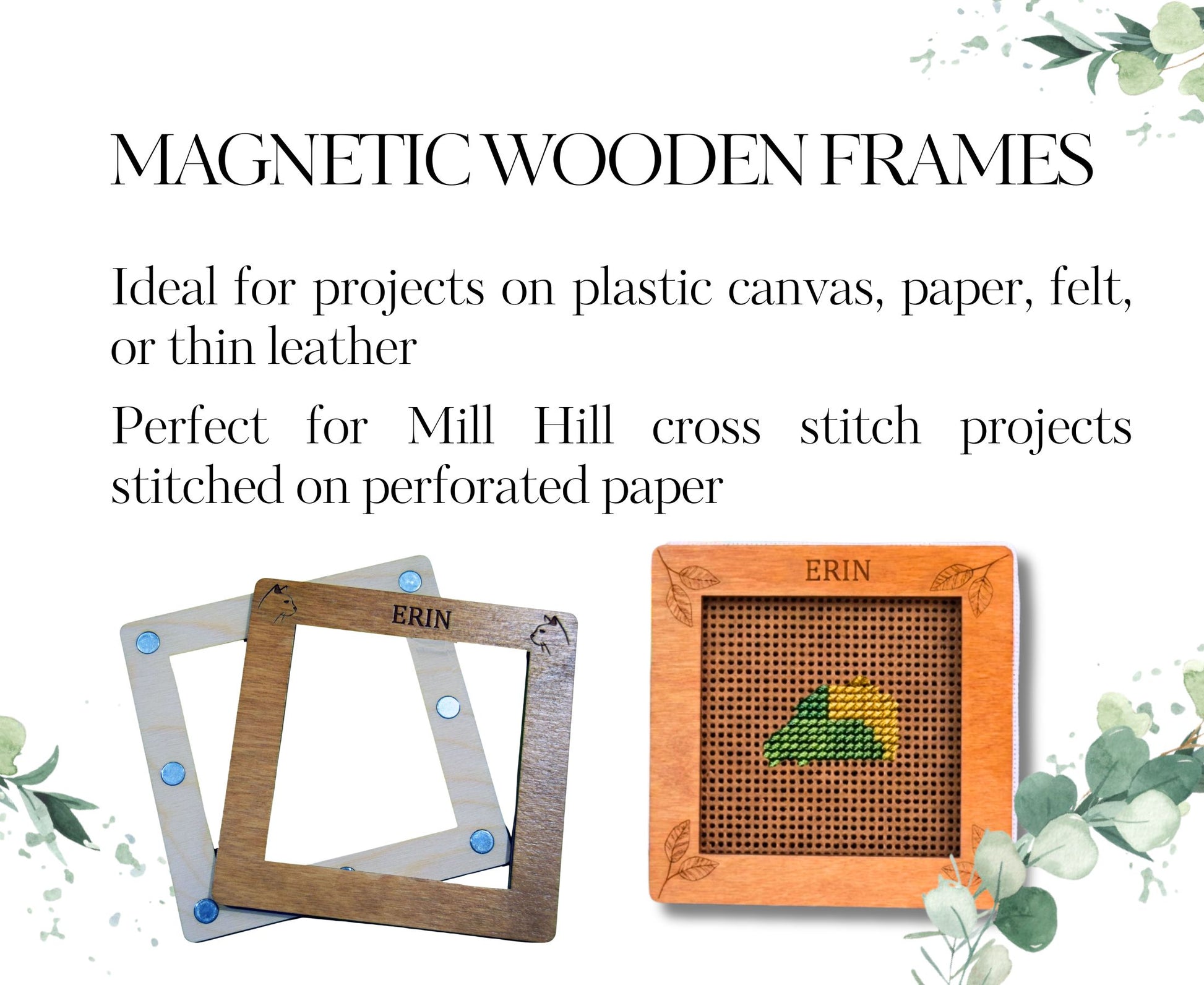 Wooden magnetic cross stitch frame embroidery hoop for plastic canvas, perforated paper

Magnetic Embroidery Frame Hoop Stand Cross Stitch Accessory