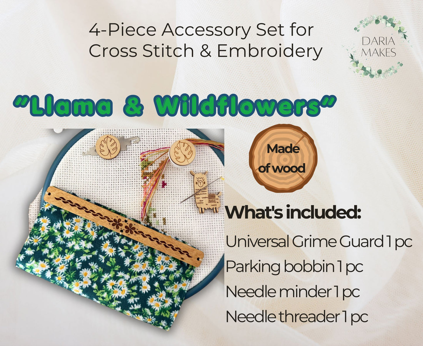 Daria Makes Cross Stitch Accessory set "Llama & Wildflowers": Magnetic grime guard - Needle threader - Parking bobbin - Needle minder Gift for mother Flosstube
