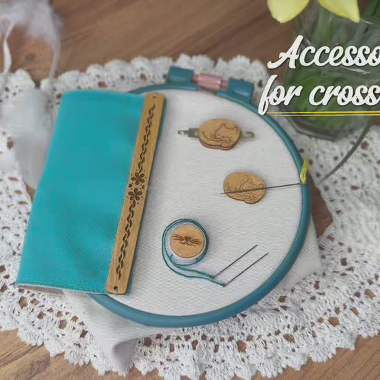 Kitten themed cross stitch accessory set with grime guard, needle threader, thread hopper and needle minder Daria Makes