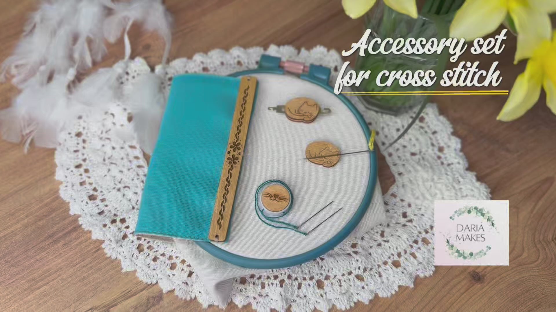 Kitten themed cross stitch accessory set with grime guard, needle threader, thread hopper and needle minder Daria Makes
