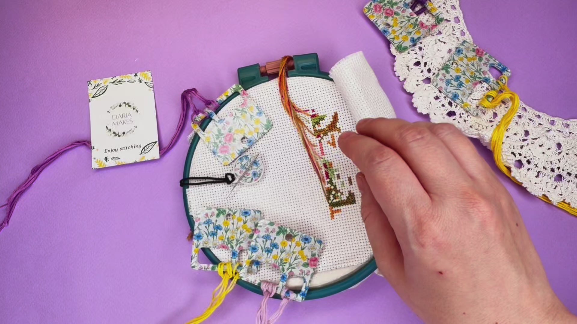 Cross Stitch Kit: Keepers for extra fabric, Floss drops dariamakes Daria Makes
