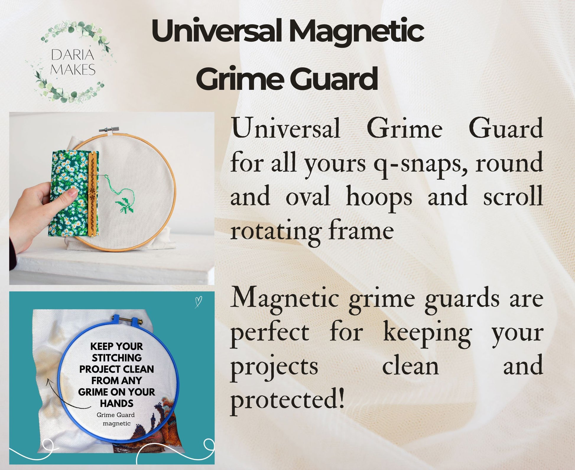 Discover unique cross stitch accessories by Daria Makes, including needle minders, needle threaders, magnetic grime guards, parking bobbins for embroidery and needlework enthusiasts
